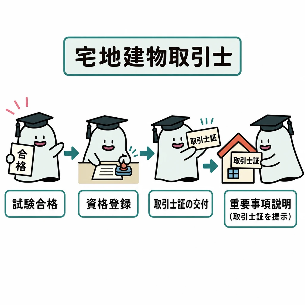 エルくんが説明する図解。試験合格→資格登録→取引士証→重要事項説明という段階。
