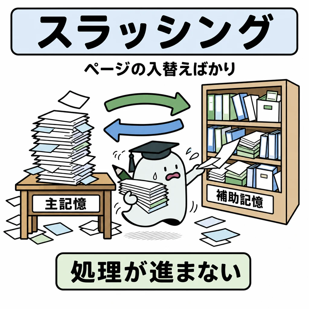 机と棚の間をエルくんが紙束を抱えて往復し、入替え過多で処理が進まない図。