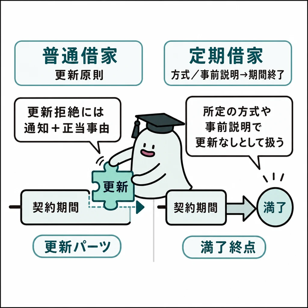 エルくんが説明する図解。普通借家の更新原則と定期借家の方式/事前説明→期間終了を比較。