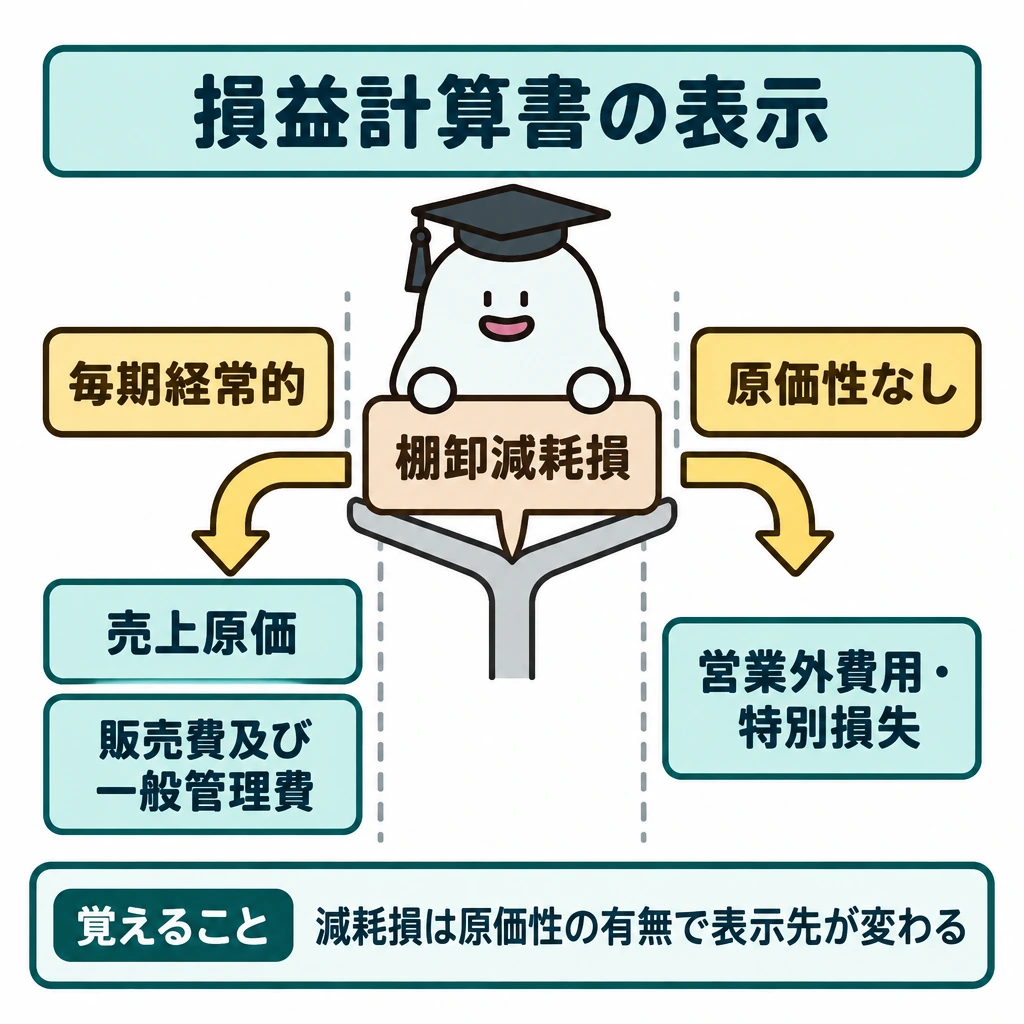 損益計算書での表示の図解。中央の「棚卸減耗損」から左右に矢印を分ける。左は「毎期経常的に発生する程度(原価性あり)」として売上原価または販売費及び一般管理費へ、右は「原価性なし」として営業外費用または特別損失へつなぎ、左右を縦線で仕切る。