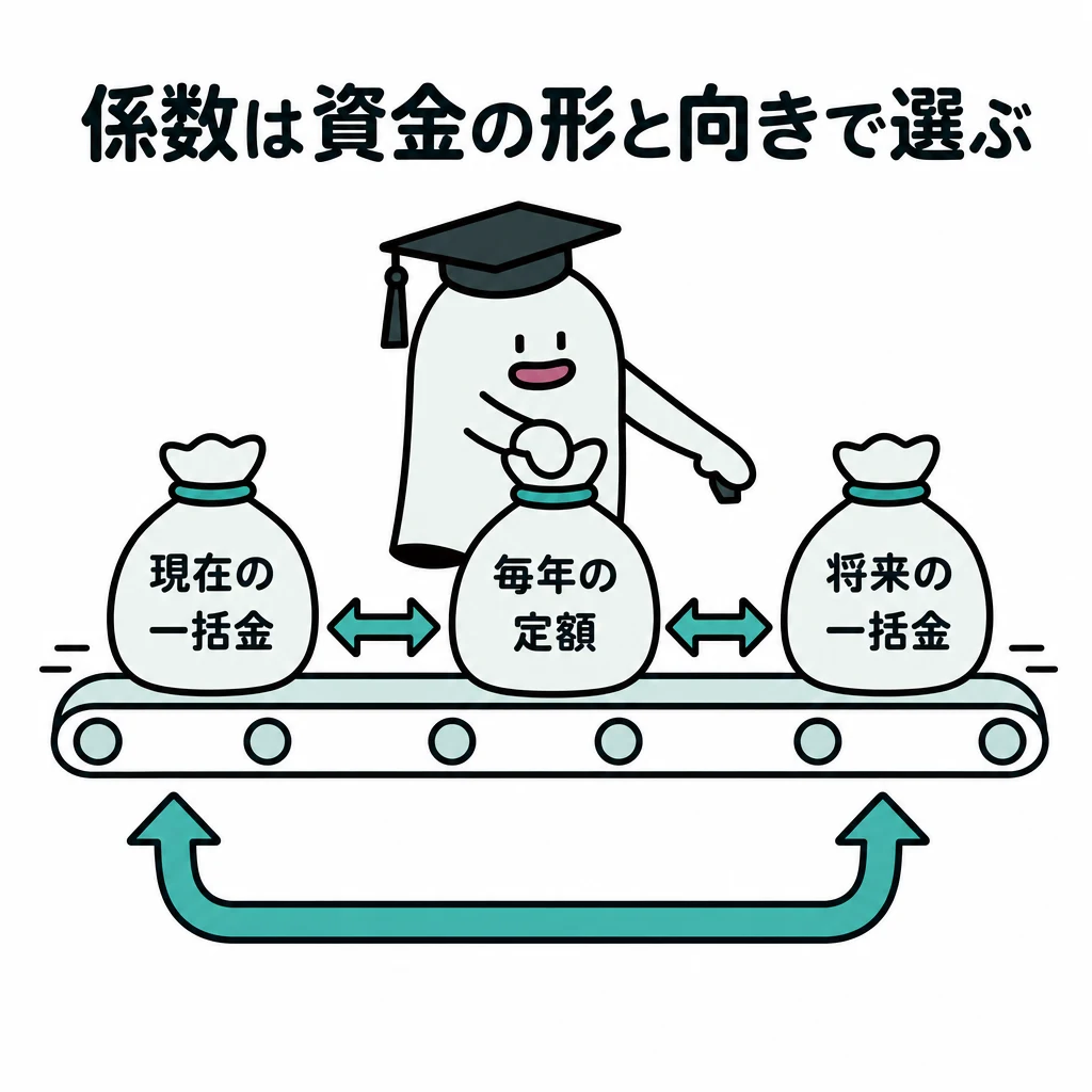 現在の一括金、将来の一括金、毎年の定額という三つの形を矢印で結ぶ図