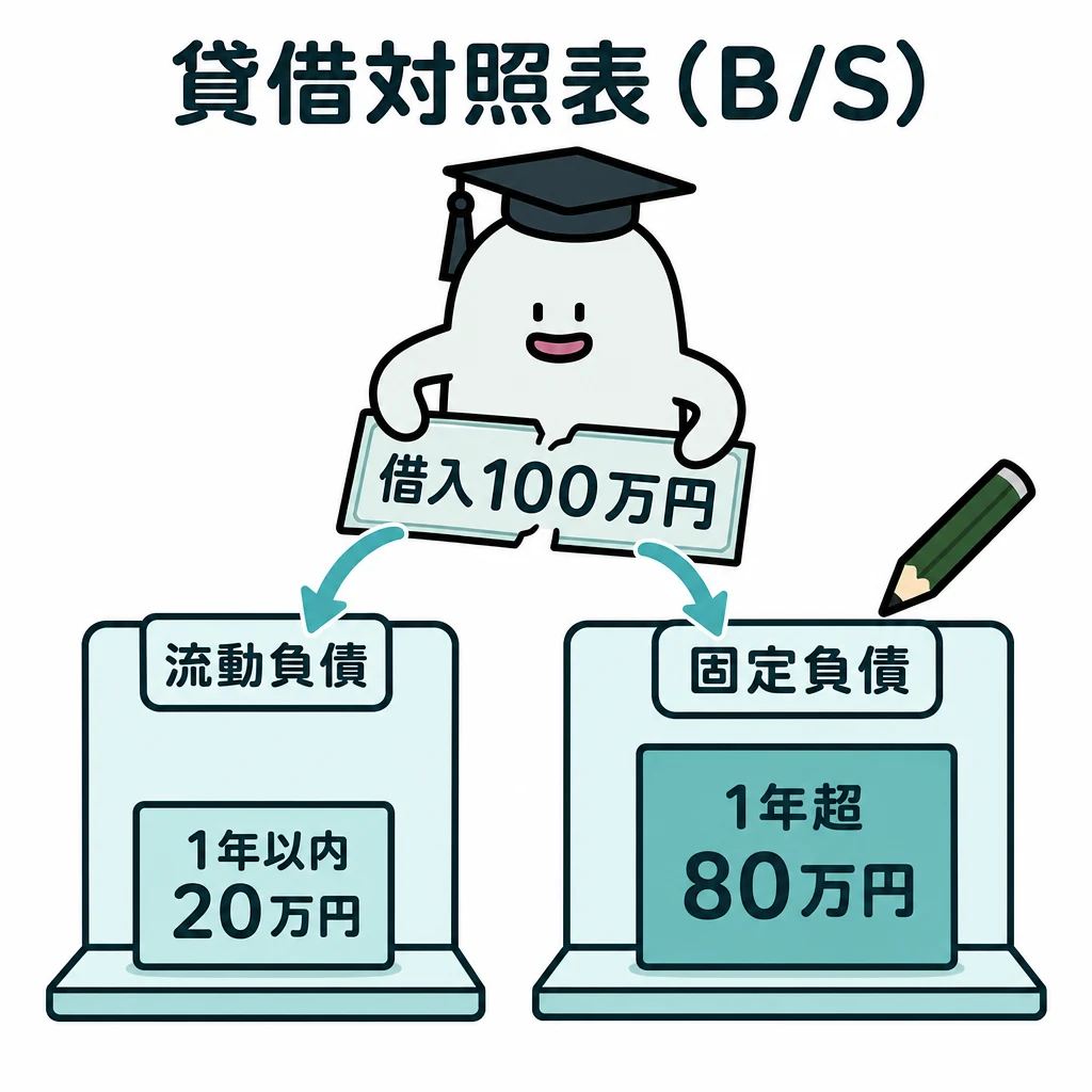 エルくんが説明する図解。借入100万円を1年以内20/それ以降80へ期限で分割。
