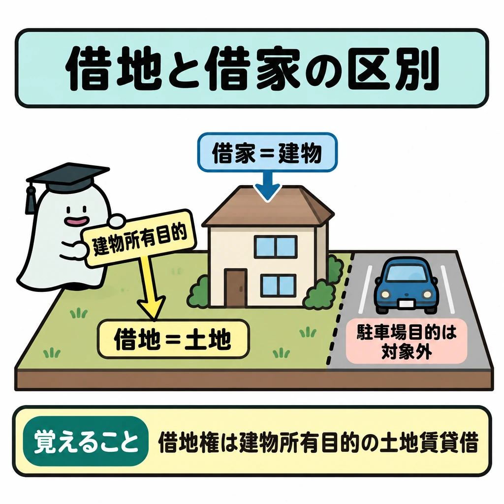 借地と借家の区別の図解。一つの敷地に建物と駐車スペースを描き、土地面へ「借地=土地」、建物へ「借家=建物」の矢印を向ける。土地面への矢印には「建物所有目的」の条件札を挟み、駐車場だけを目的とする土地の賃貸借は仕切り線で分けて「借地権規定の対象外」と示す。