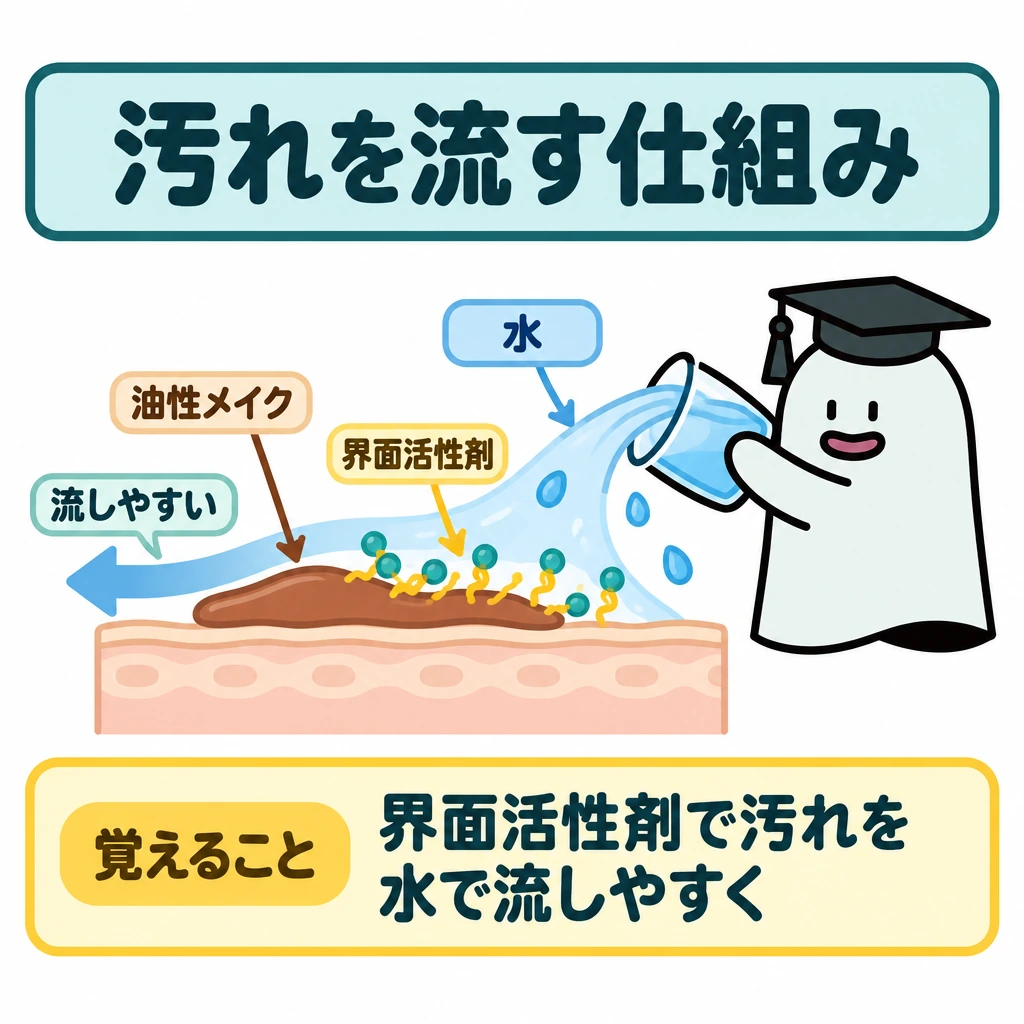 基本の仕組みの図解。中央に肌の断面を置き、上の油性メイクと右から流れる水の間に界面活性剤を描く。水の矢印を右から左へ通し、汚れが水で流しやすくなる関係を示す。