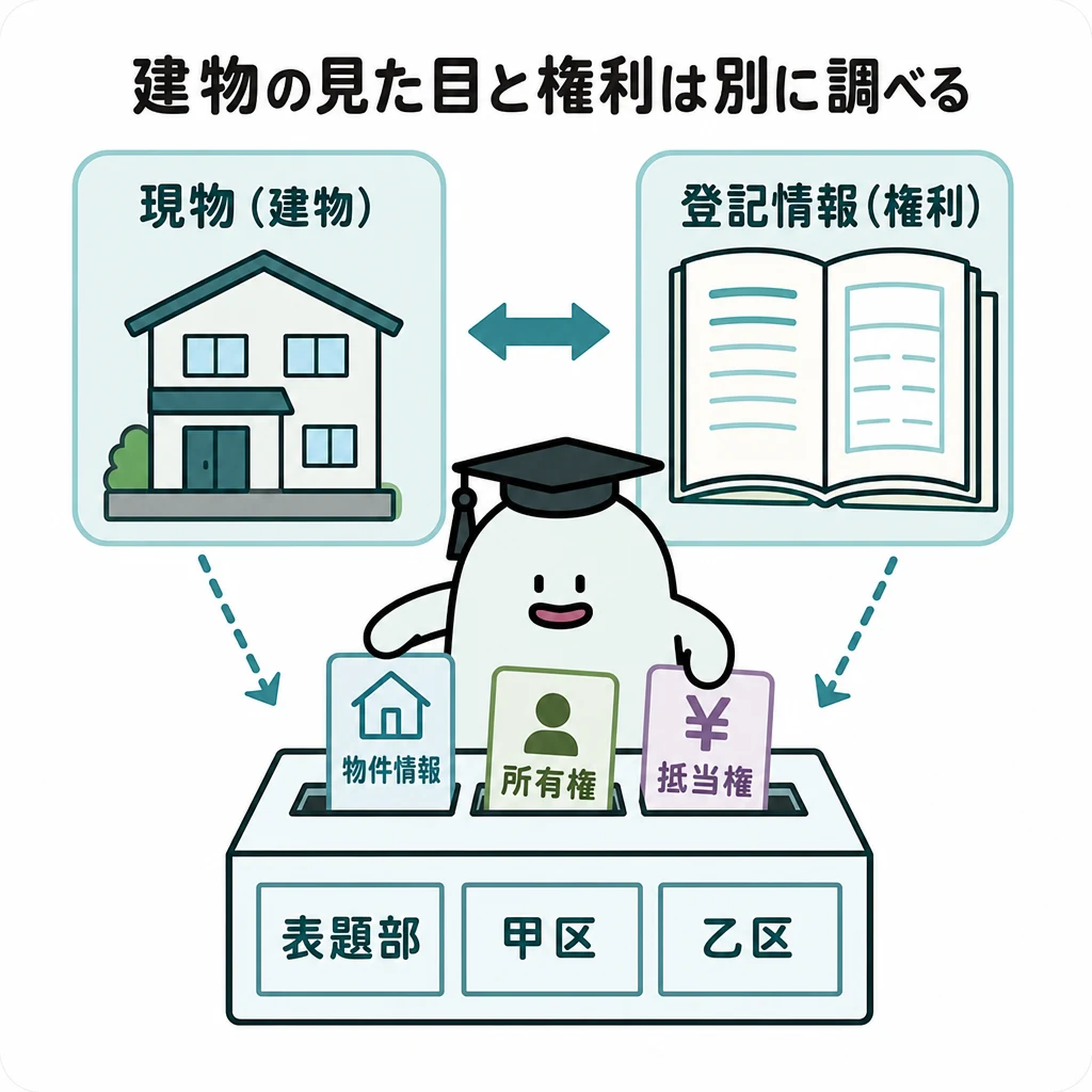 不動産の現物と登記情報を並べ、物件情報・所有権・抵当権を確認する図