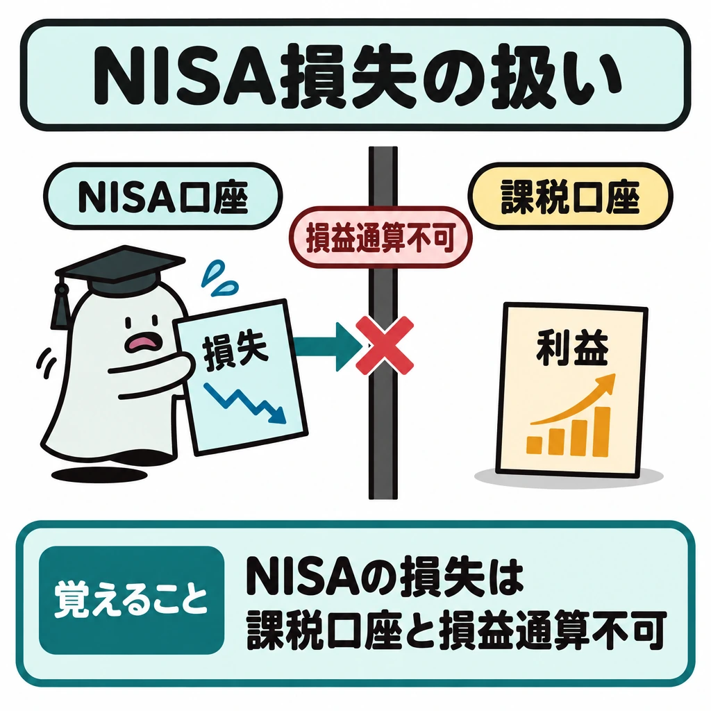 基本の仕組みの図解。左にNISA口座の「損失」、右に課税口座の「利益」を置き、中央を太い仕切りで分ける。左から右への矢印は仕切りの手前で止め、「損益通算不可」と示す。