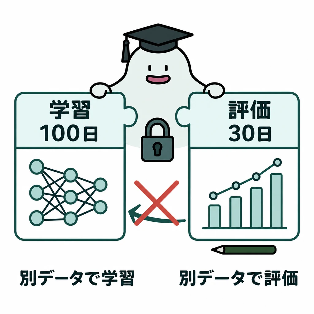 エルくんが説明する図解。学習100日と評価30日を分離し、評価から学習へ混ぜる矢印に禁止印。