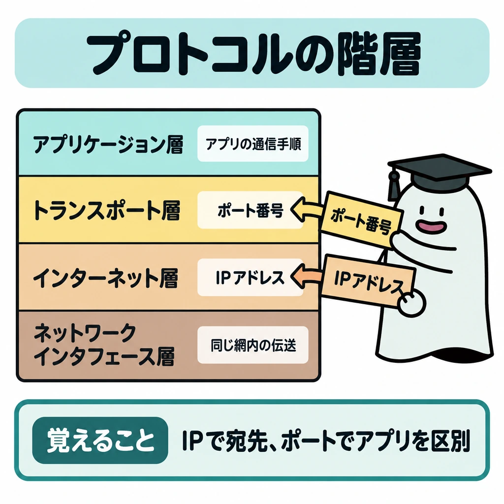 プロトコルの階層の図解。正方形の中央にTCP/IPの四つの層を上からアプリケーション層、トランスポート層、インターネット層、ネットワークインタフェース層の順に、水平の仕切りで積む。エルくんは横に1体だけ置き、ポート番号とIPアドレスをそれぞれ対応する段に入れる。