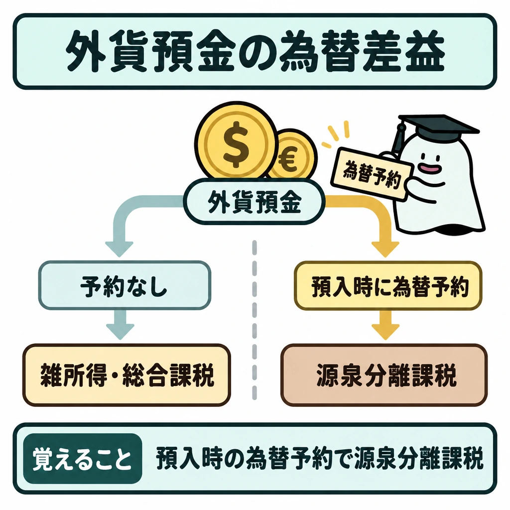 金融商品の課税の図解。中央上の「外貨預金」から矢印を左右に分け、中央に仕切りを入れる。左は「予約なし」から「雑所得・総合課税」へ、右は「預入時に為替予約」から「源泉分離課税」へつなぐ。