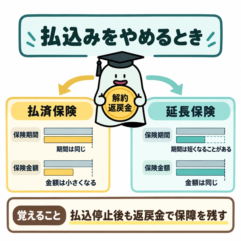 保険料が払えないとき・見直すときの図解。中央の解約返戻金から左右に分岐する選択図とし、左に払済保険、右に延長保険を置く。下段で保険期間と保険金額を横棒で比較し、払済保険は「期間は同じ・金額は小さくなる」、延長保険は「期間は短くなることがある・金額は同じ」と示す。