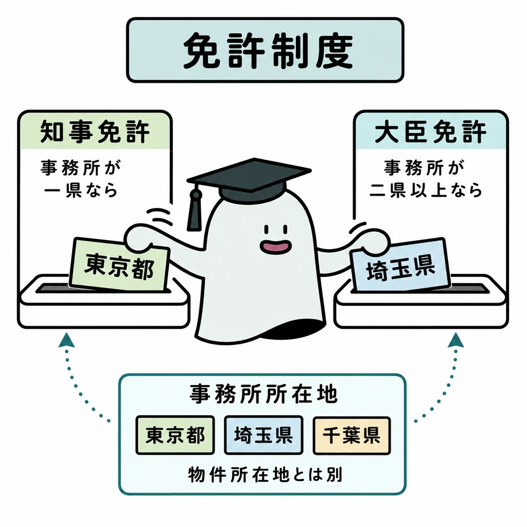 エルくんが説明する図解。事務所が一県なら知事/二県以上なら大臣、物件所在地は別枠。