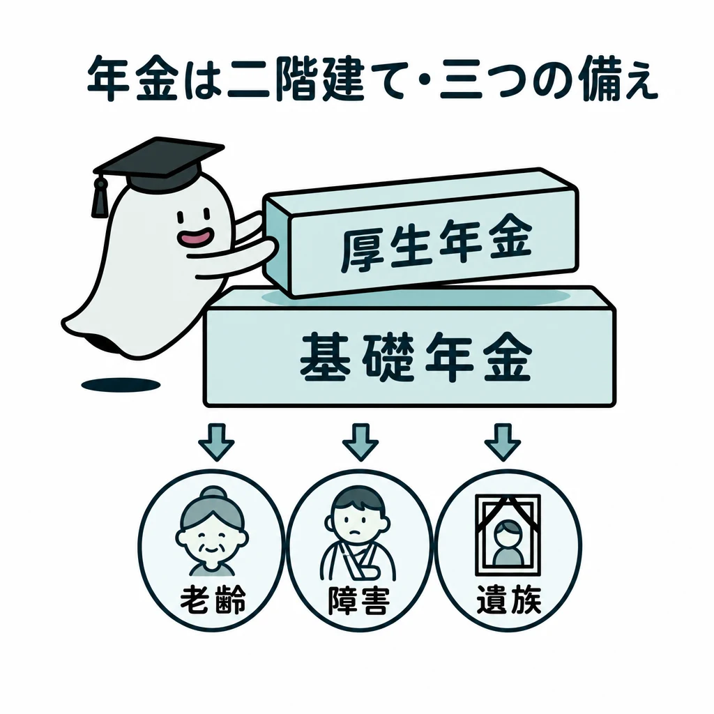 基礎年金と厚生年金の二階建てを、老齢・障害・遺族の三つの役割とともに表す図