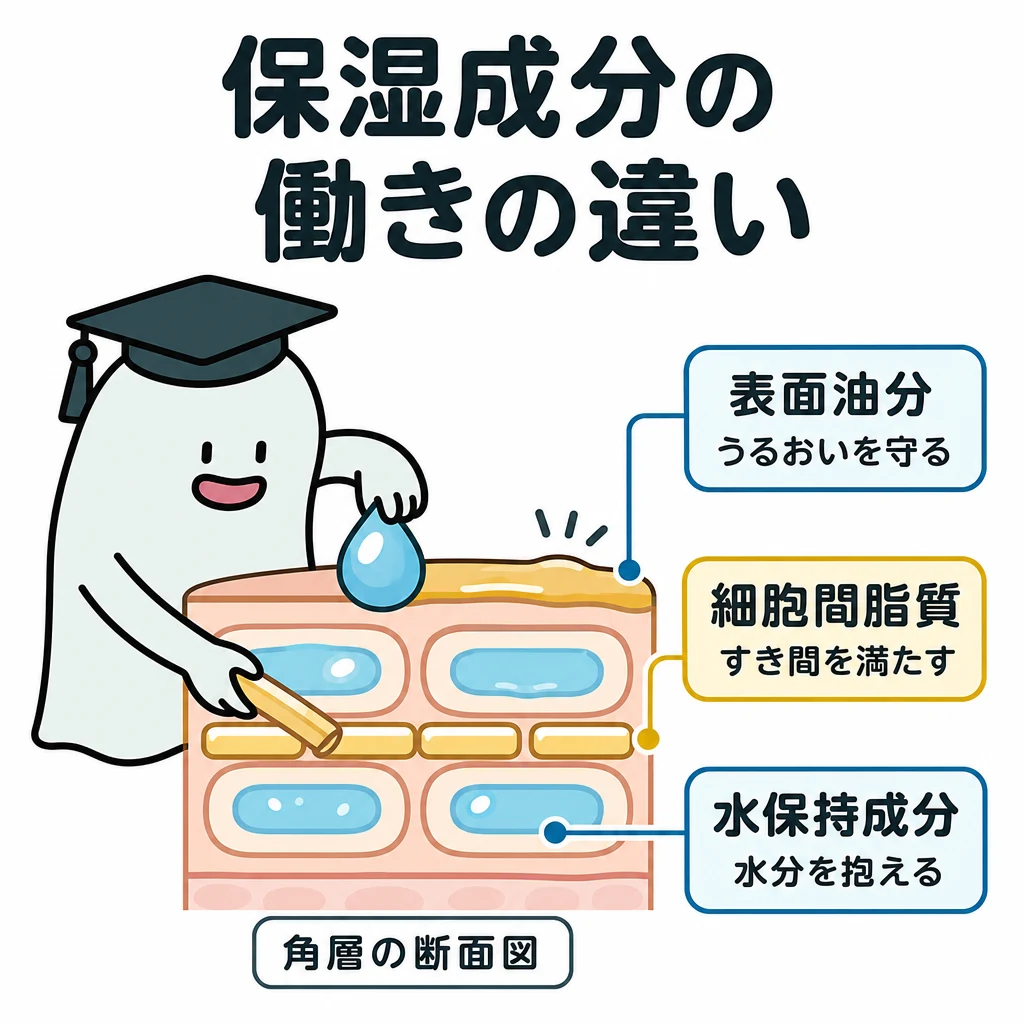 エルくんが説明する図解。水保持成分/細胞間脂質/表面油分を角層の異なる位置へ対応。