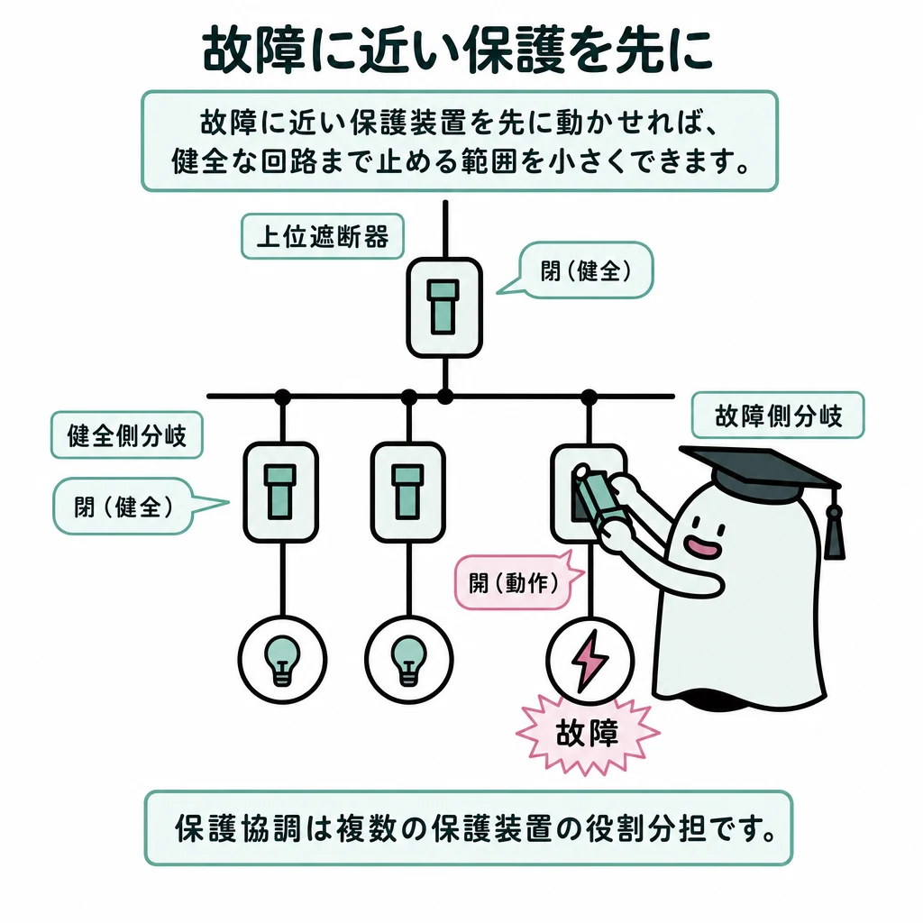 上位と健全側の遮断器を閉じたまま、故障側の下位遮断器だけを開く保護協調の図。
