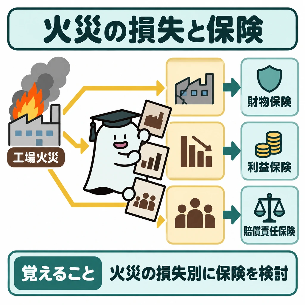 一事故から損失を分けて保険を選ぶの図解。左上の工場火災から右へ3本の矢印を分け、仕切られた3段に「建物・設備の損壊→財物保険」「操業停止による利益減少→利益保険」「第三者への法律上の賠償責任→賠償責任保険」を対応させる。各段は損失を左、保険を右に置く。
