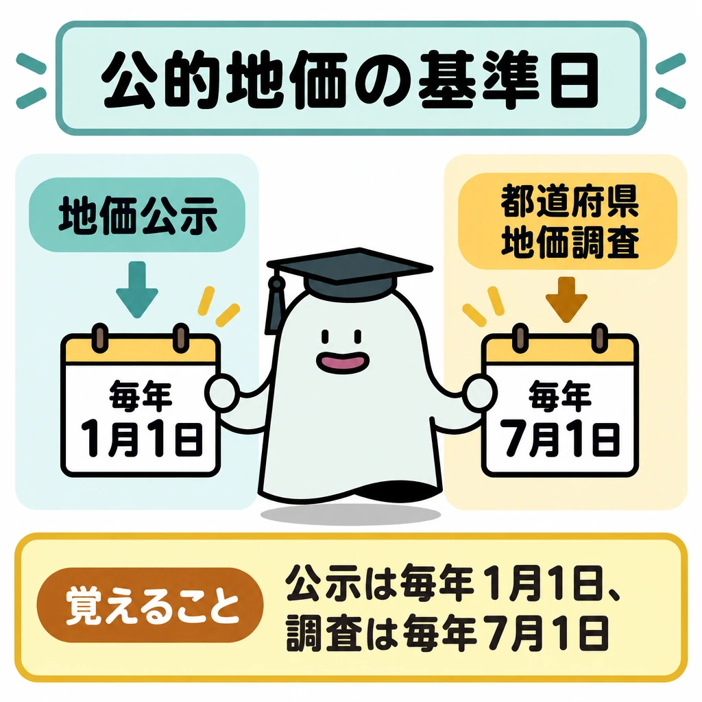 公的な地価の基準日の図解。画面を左右に仕切り、左に地価公示と毎年1月1日、右に都道府県地価調査と毎年7月1日を配置する。それぞれ制度名から日付へ矢印を引き、価格の評価時点を比較する。