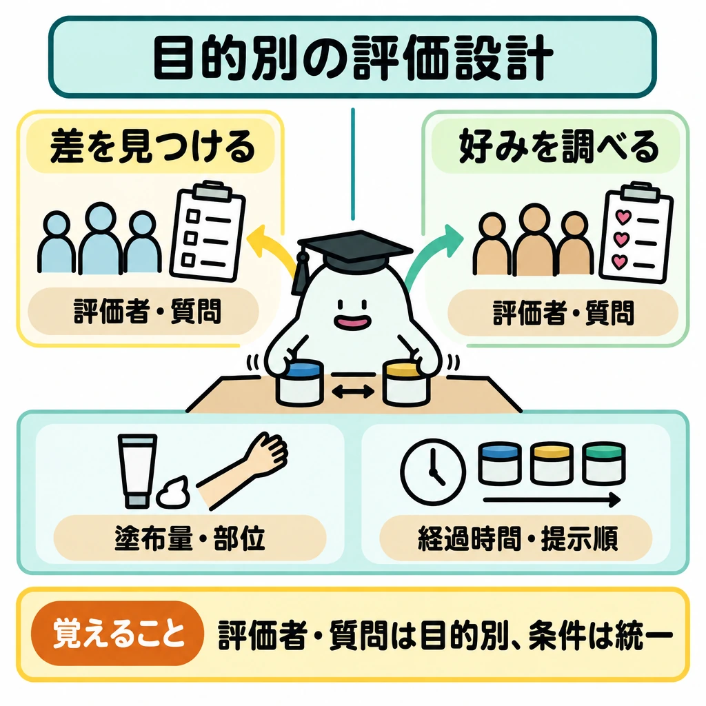 目的別の評価設計の図解。上段を縦線で左右に分け、左に「差を見つける」、右に「好みを調べる」を配置し、それぞれから「評価者・質問」が異なることを矢印で示す。下段には両方に共通する条件の帯を置き、「塗布量・部位」「経過時間・提示順」を並べる。