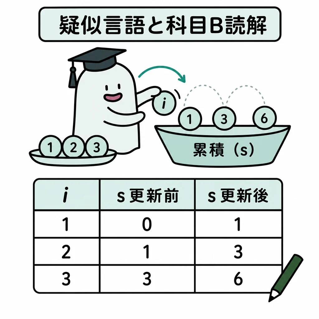 エルくんが説明する図解。i=1,2,3に対しs更新前0,1,3と更新後1,3,6を並べた表。