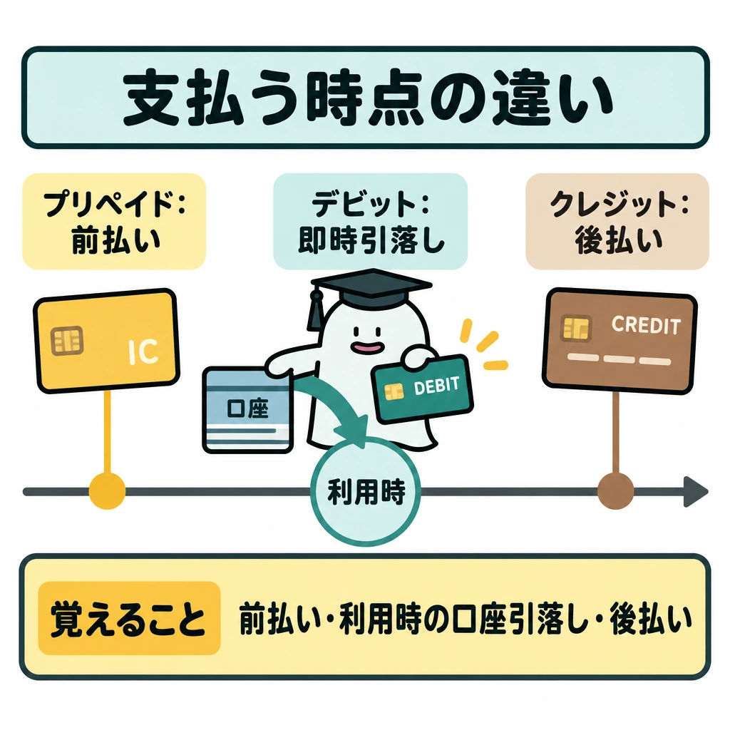 教育資金とキャッシュレス決済の図解。正方形の中央に「利用時」を置き、一本の時間軸を左の前払い、中央の即時引落し、右の後払いへ進める。プリペイド型電子マネー・デビットカード・クレジットカードをそれぞれの位置に並べ、中央だけ口座から利用時へ向かう引落し矢印を描く。