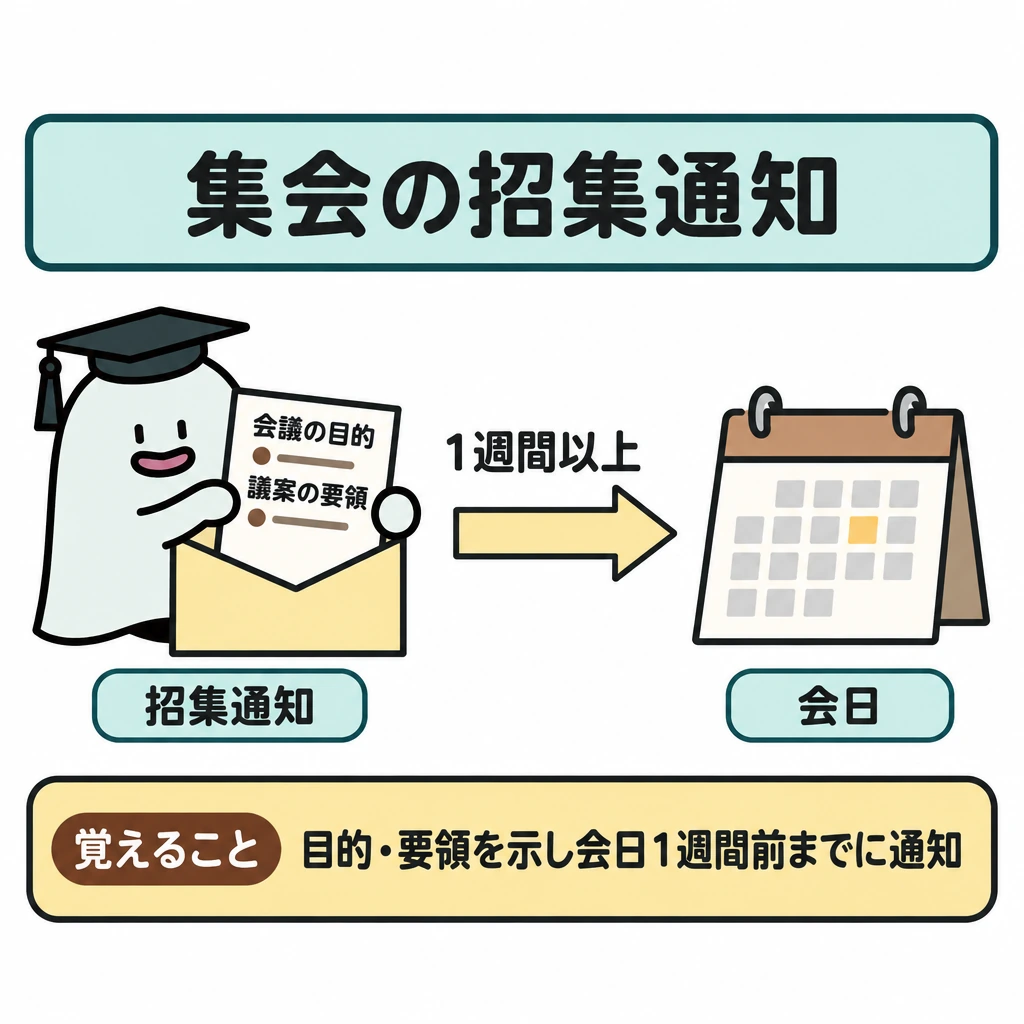 集会の手続の図解。左に招集通知、右に集会の会日を置き、間を右向きの矢印で結んで「1週間以上」と示す。通知には「会議の目的」と「議案の要領」を記す。