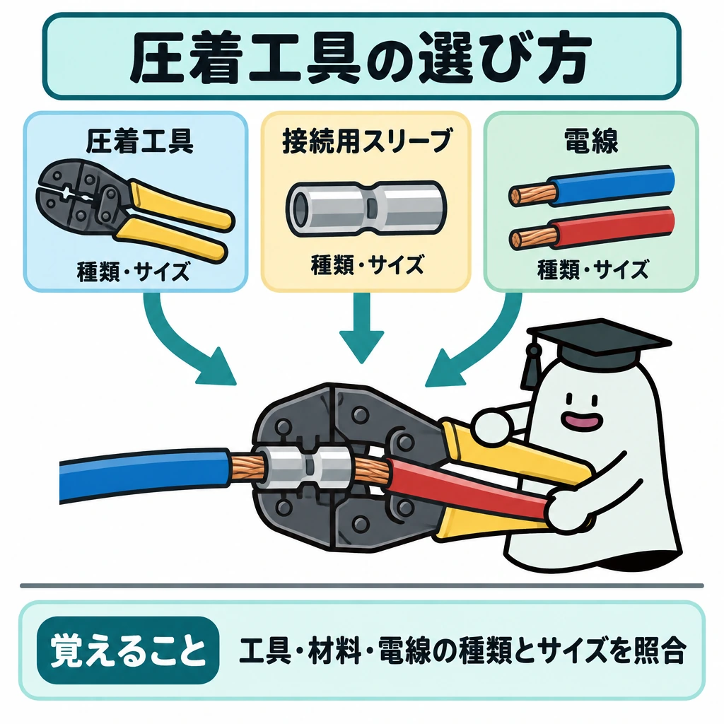 基本の仕組みの図解。中央に電線を入れた接続用スリーブと、それを挟む圧着工具を大きく描く。上部に工具・スリーブ・電線の種類とサイズを照合する欄を横並びに置き、各欄から圧着箇所へ下向き矢印を引く。下部は仕切り線で「覚えること」と分ける。