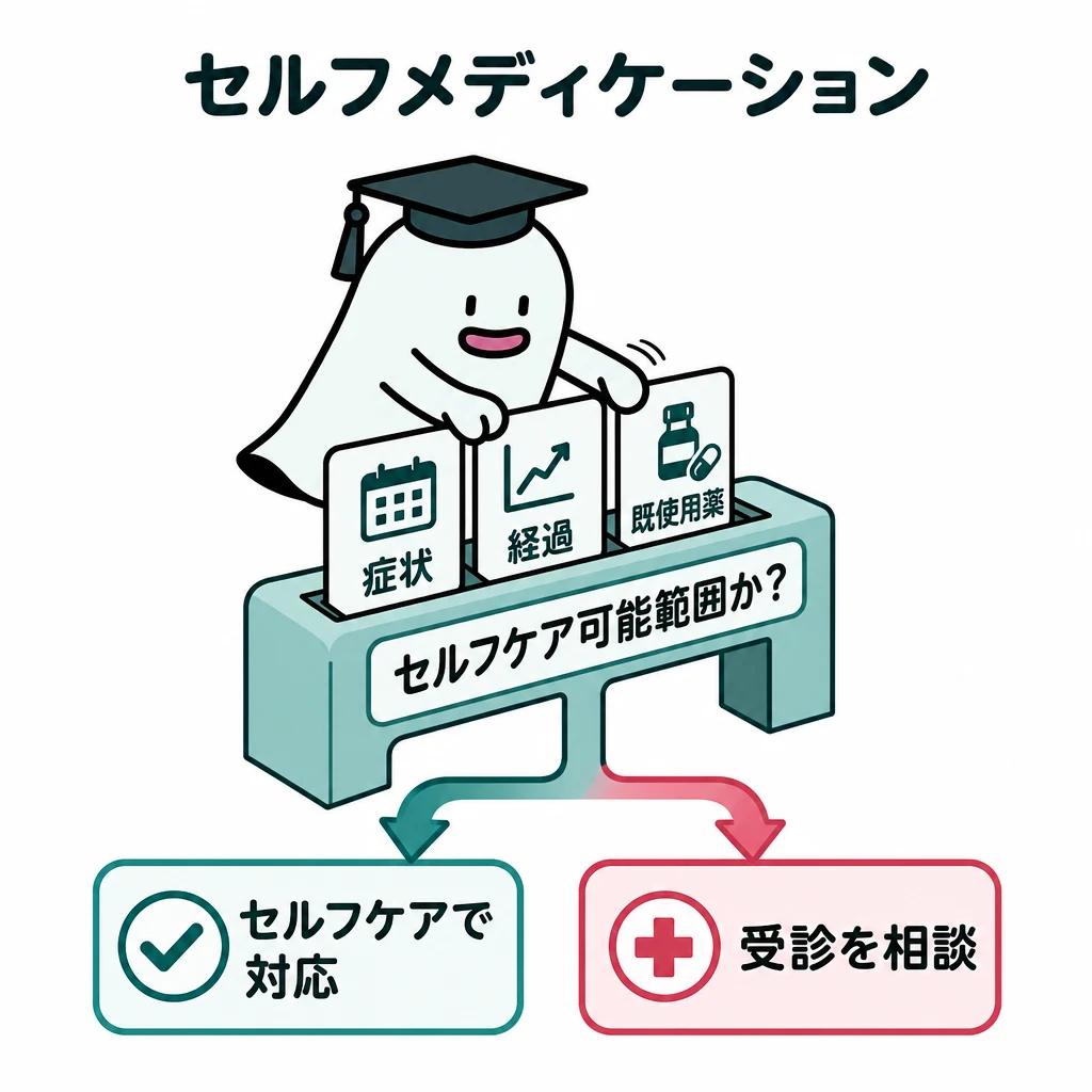 エルくんが説明する図解。症状/経過/既使用薬を確認→セルフケア可能範囲か→受診相談の分岐。