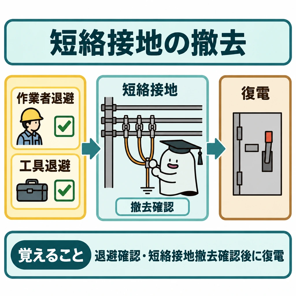 短絡接地の目的と撤去の図解。左に「作業者退避」「工具退避」の確認欄、中央に電路と短絡接地、右に復電用の開閉器を置く。退避確認から接地の撤去確認を経て復電へ進む矢印を描き、確認前の投入には矢印をつなげない。
