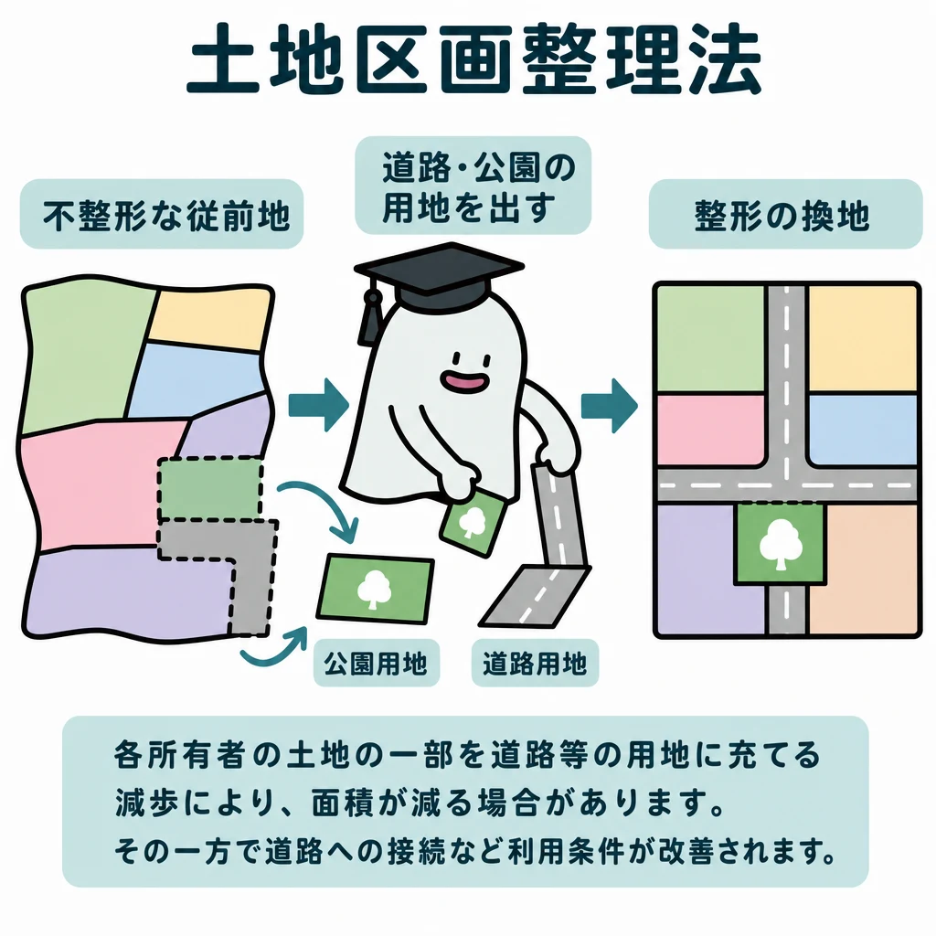 エルくんが説明する図解。不整形な従前地→道路公園の用地を出す→整形の換地という配置図。