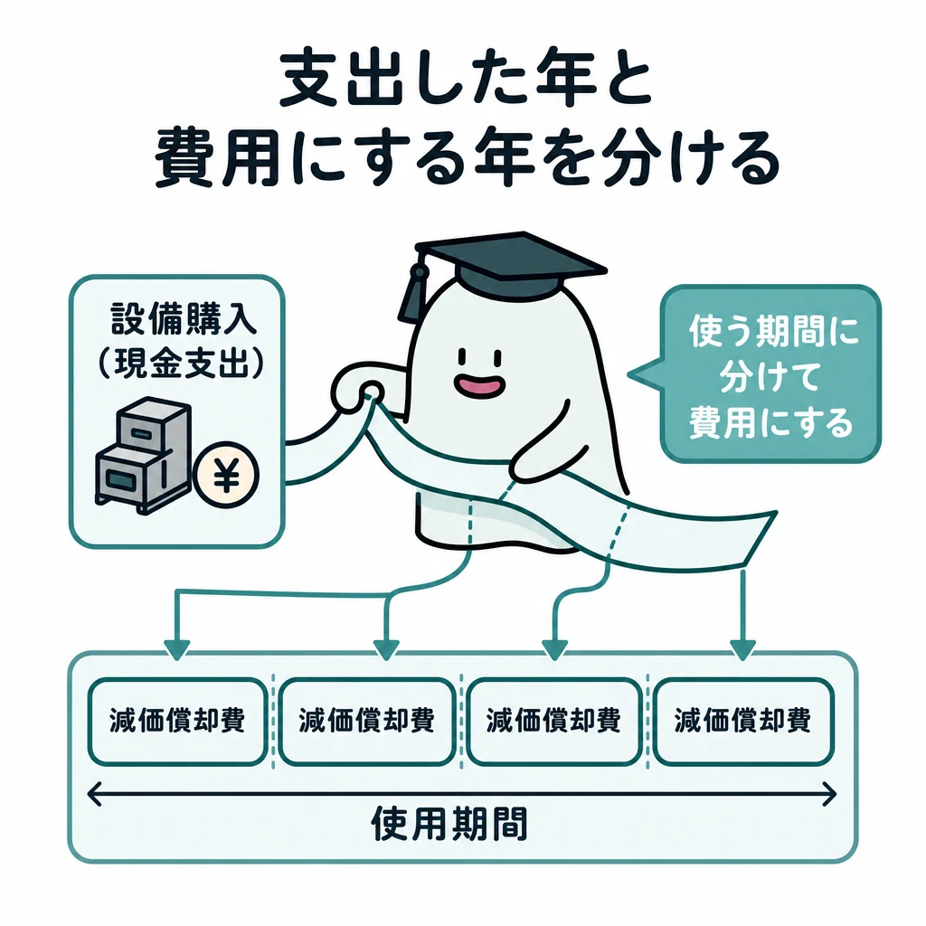 設備購入の一時の現金支出を、使う期間に対応する減価償却費へ分ける図