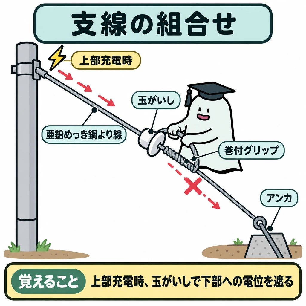 支持・固定・支線の組合せの図解。左上の引込柱から右下のアンカへ、亜鉛めっき鋼より線の支線を斜めに張り、途中に玉がいしを入れる。上部が充電した場合の電位は、玉がいしで止まり下部へ伝わらないことを矢印で示す。