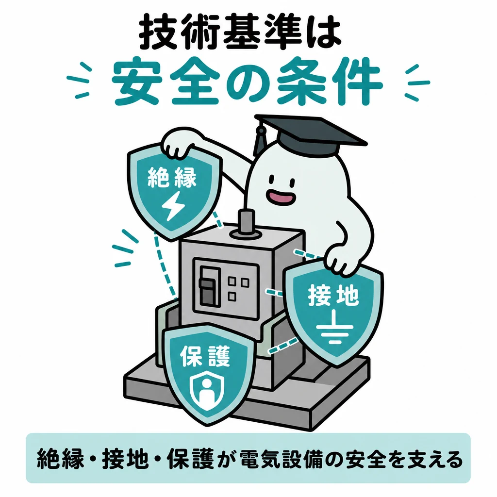 技術基準は安全の条件。中心に電気設備、周囲に絶縁・接地・保護の三つの盾が支える。
