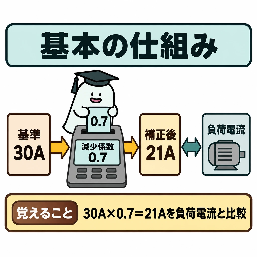 基本の仕組みの図解。左の「基準30A」と「減少係数0.7」を中央の計算器に入れ、右向きの矢印の先に「補正後21A」を置く。その右に数値を示さない「負荷電流」を並べ、両者を比較する位置関係にする。