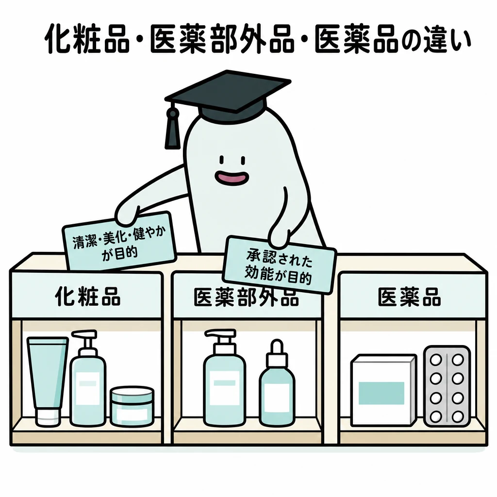 エルくんが説明する図解。化粧品=清潔/美化/健やか、医薬部外品=承認効能、医薬品=治療等の三列。