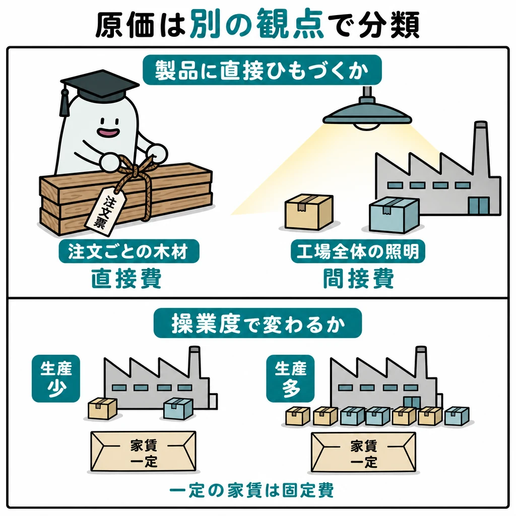 上段で注文にひもづく木材と工場全体の照明を直接費・間接費に分け、下段では生産量が変わっても一定の家賃を固定費として示す図。