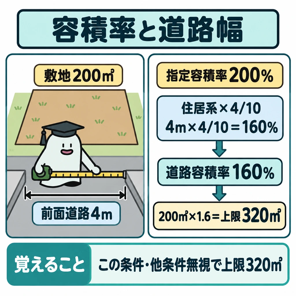 基本の仕組みの図解。左に敷地200㎡と前面道路4mを描き、右で指定容積率200%と「4m×4/10=160%」を上下に比較する。小さい160%から下の「200㎡×1.6=上限320㎡」へ矢印をつなぐ。