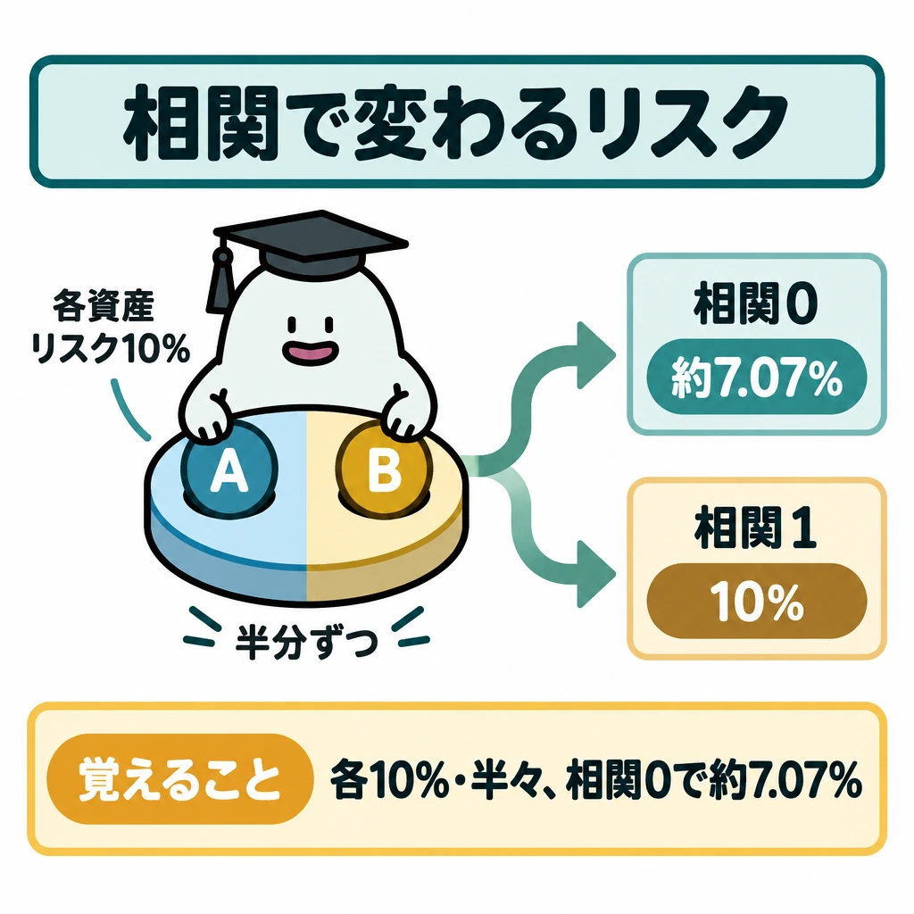 基本の仕組みの図解。中央に各資産のリスクが10%の資産A・Bを半分ずつ入れた円を置き、右側へ矢印を二股に分ける。上段は「相関0→約7.07%」、下段は「相関1→10%」とし、配分が同じでも結果が違うことを示す。