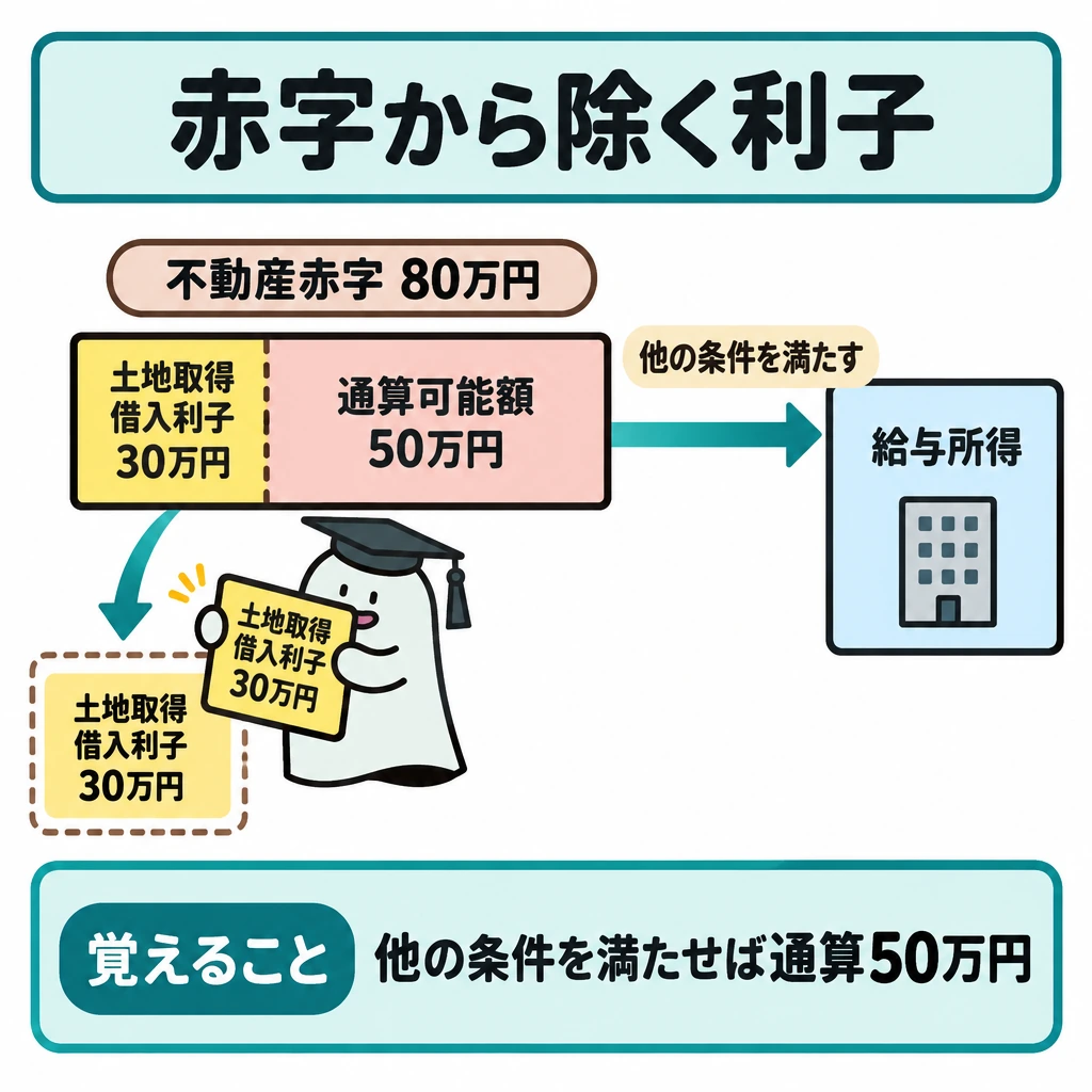基本の仕組みの図解。中央の不動産所得の赤字80万円の帯を、土地取得借入金利子に当たる30万円と残り50万円に仕切る。30万円は脇の除外枠へ移し、50万円から右の給与所得へは「他の条件を満たす」場合だけ矢印をつなぐ。