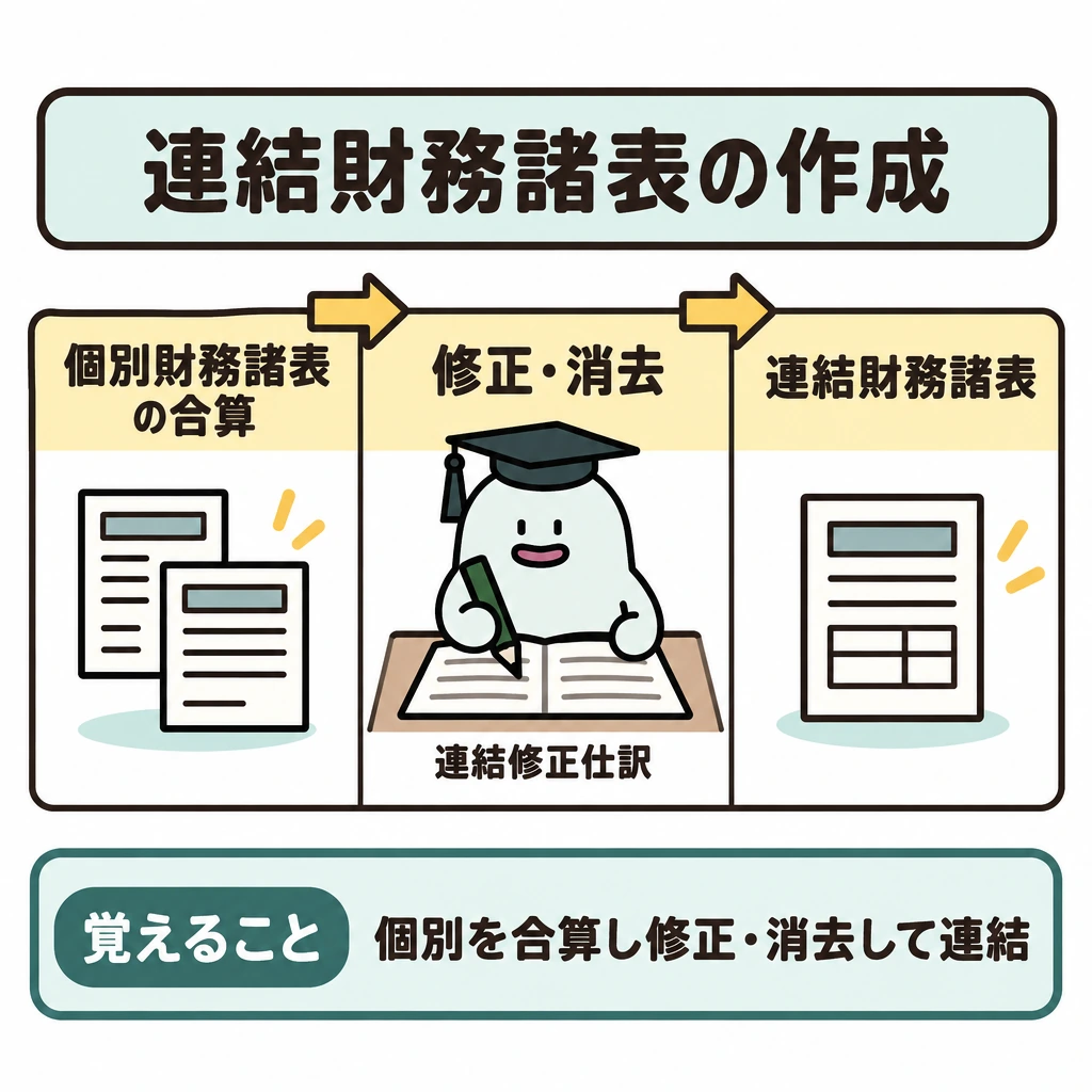 子会社の範囲と連結財務諸表の表示の図解。横長の連結精算表を中央に置き、縦線で「個別財務諸表の合算」→「修正・消去」→「連結財務諸表」の3欄に分ける。欄の上に左から右への矢印を置き、修正・消去を経て右欄を求める流れを示す。