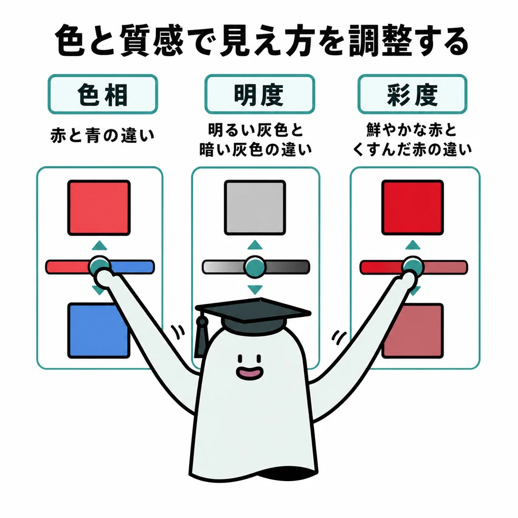 エルくんが説明する図解。色相の赤青、明度の明暗、彩度の鮮やか/くすみを三列比較。
