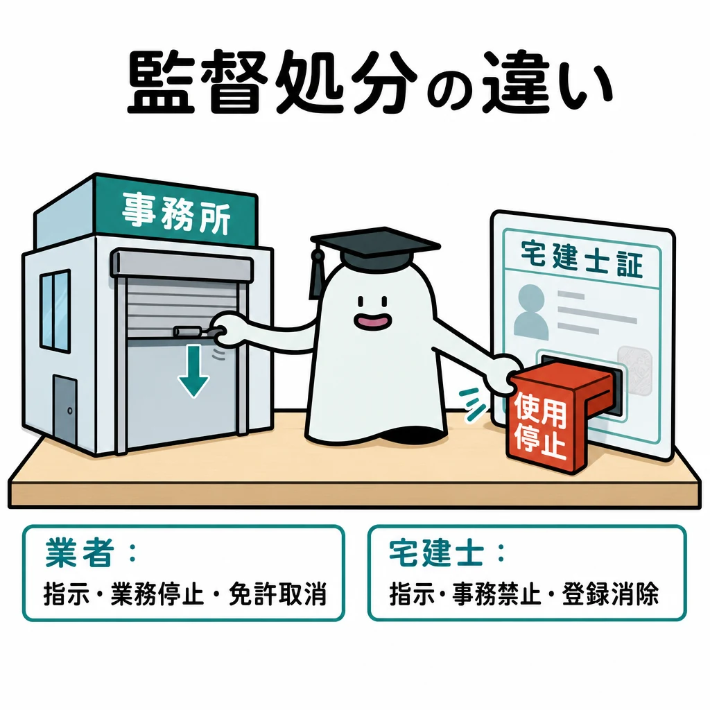 事務所のシャッターと宅建士証の使用停止器を操作し、業者と宅建士への監督処分を比較する図。