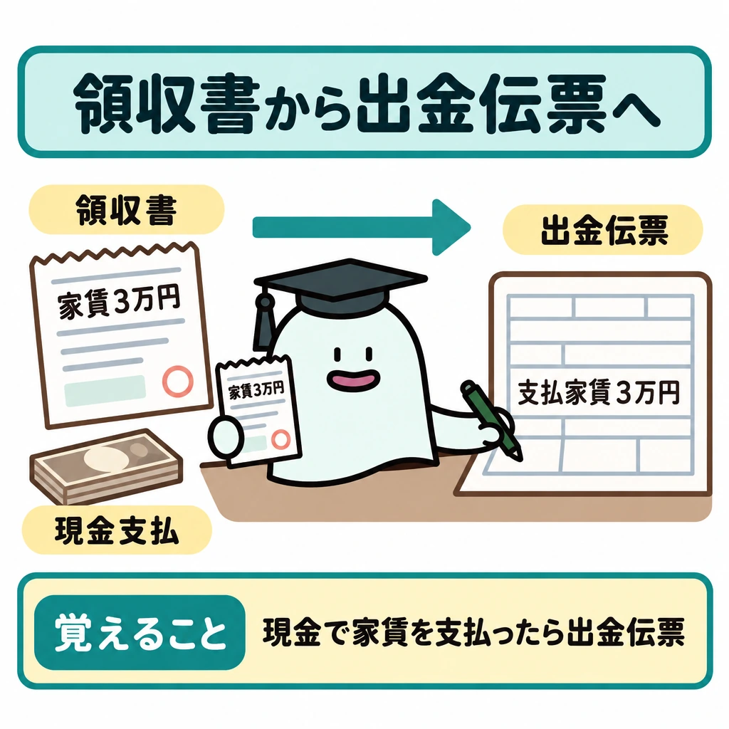 基本の仕組みの図解。左に現金で家賃3万円を支払った領収書、右に出金伝票を置き、左から右へ一本の矢印を引く。出金伝票の記入欄には「支払家賃3万円」と記す。