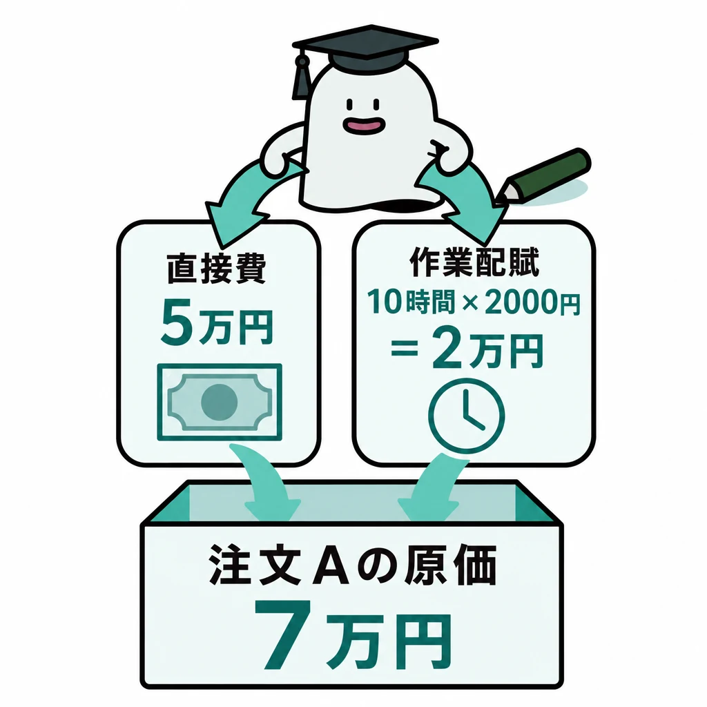 エルくんが説明する図解。注文A直接費5万円+作業10時間×2000円=原価7万円。