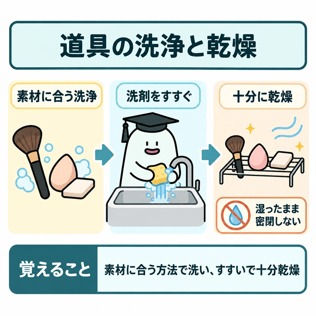 道具の選択・洗浄・メイク落としの図解。1つの洗面台を中心に、左に「素材に合う洗浄」、中央にエルくんがすすぐ道具、右に乾燥させる場所を配置し、左から右へ矢印で順序を示す。右下には「湿ったまま密閉しない」を添える。