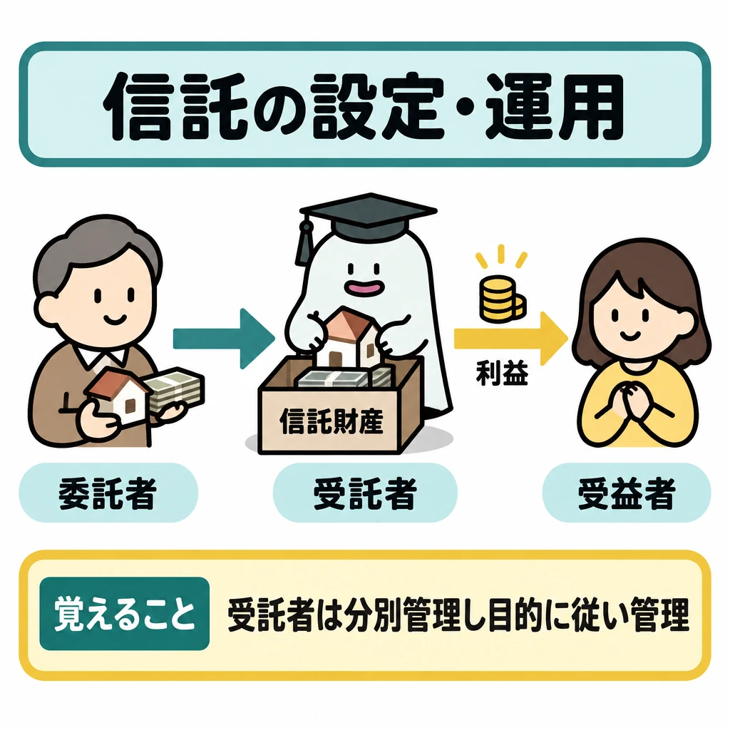 設定・運用・終了を一枚にするの図解。左の「委託者」から中央の「受託者」へ信託財産を移す矢印を描き、中央から右の「受益者」へ利益が届く矢印を描く。受託者の手元には信託財産を分けて入れる箱を置き、信託目的に従って管理する関係を示す。