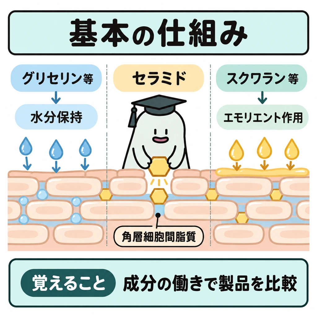 基本の仕組みの図解。一つの角層の模式図の上を縦線で３区画に分け、左はグリセリン等→水分保持、中央はセラミド→角層細胞間脂質の構成成分、右はスクワラン等→エモリエント作用を示す。中央ではエルくんがセラミドの小片を角層細胞の間にはめ込む。