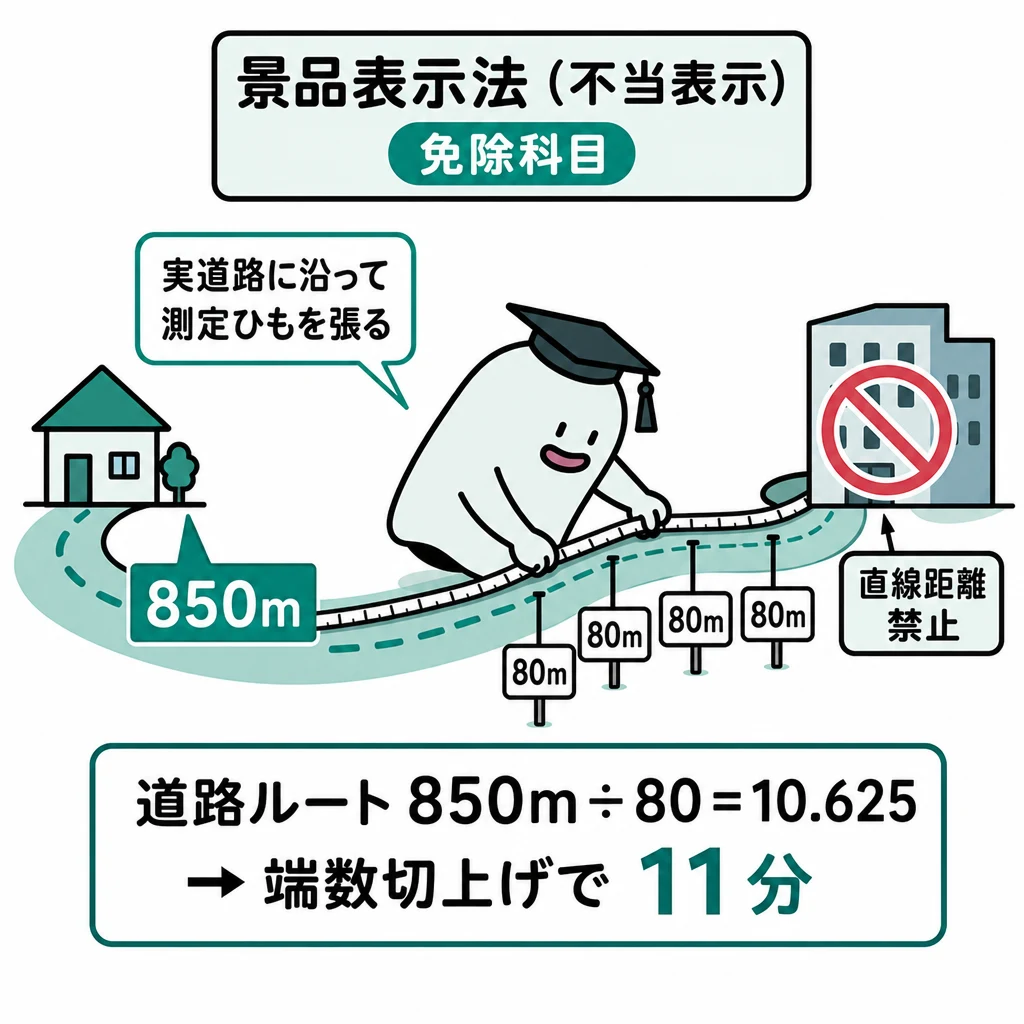 エルくんが説明する図解。道路ルート850m÷80=10.625→端数切上げ11分、直線距離に禁止印。