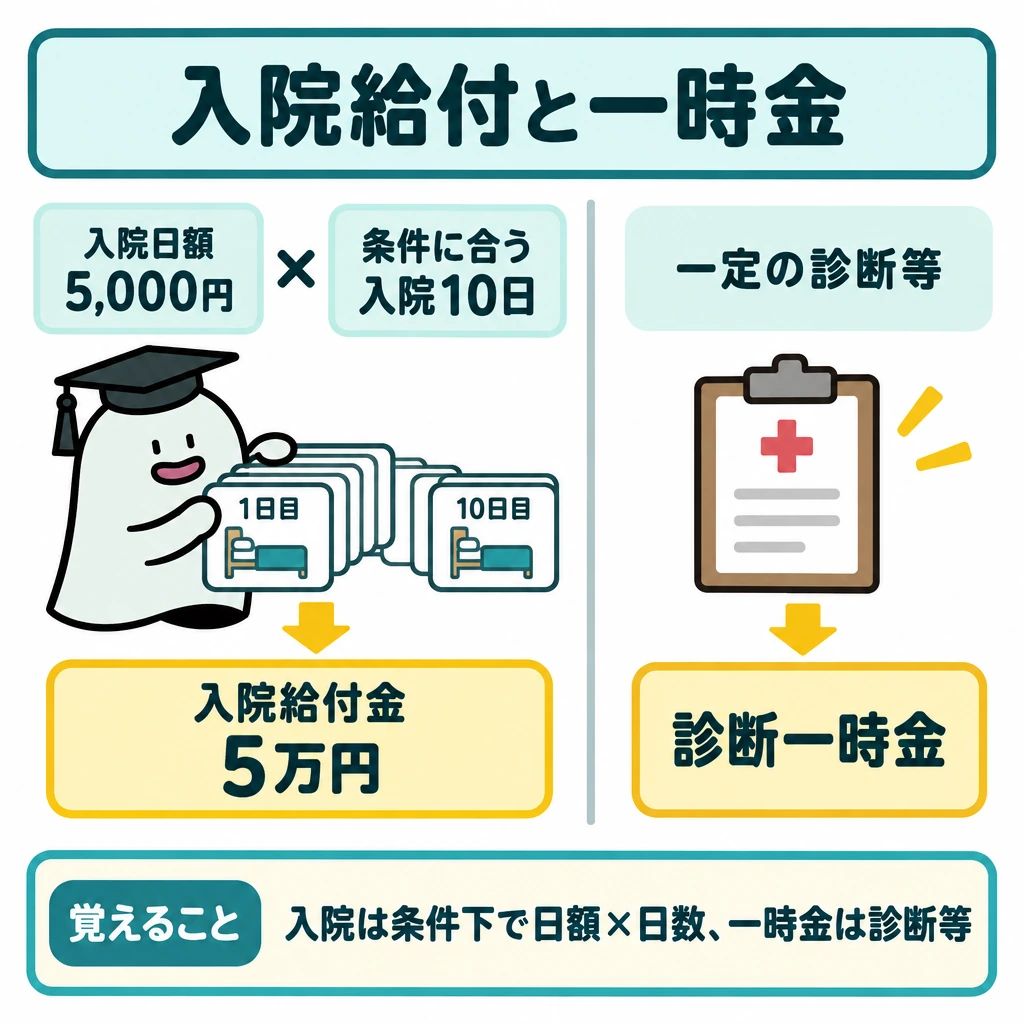 基本の仕組みの図解。中央の縦線で左右を分け、左は「入院日額5,000円」×「条件に合う入院10日」→「入院給付金5万円」、右は「一定の診断等」→「診断一時金」と描く。左右の間に矢印は引かず、一時金を入院日数の計算結果として描かない。
