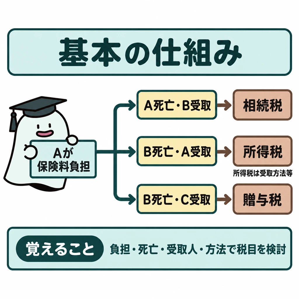 基本の仕組みの図解。左の「Aが保険料負担」から右へ1本の線を伸ばし、上下3本に分岐させる。各枝に死亡者と受取人の組合せを置き、その先を対応する税目へ矢印で結ぶ。所得税の枝には、受取方法などに応じて検討する旨を添える。