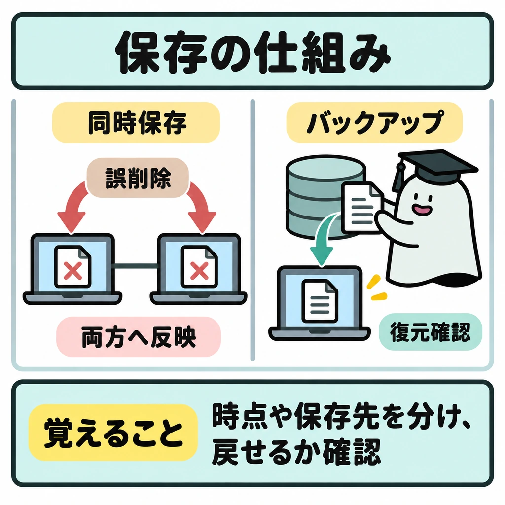 基本の仕組みの図解。正方形の中央を縦線で仕切る。左は線でつながる２台に誤削除が同時に反映される矢印、右は時点や保存先を分けたバックアップから元の装置へ戻す矢印を描く。