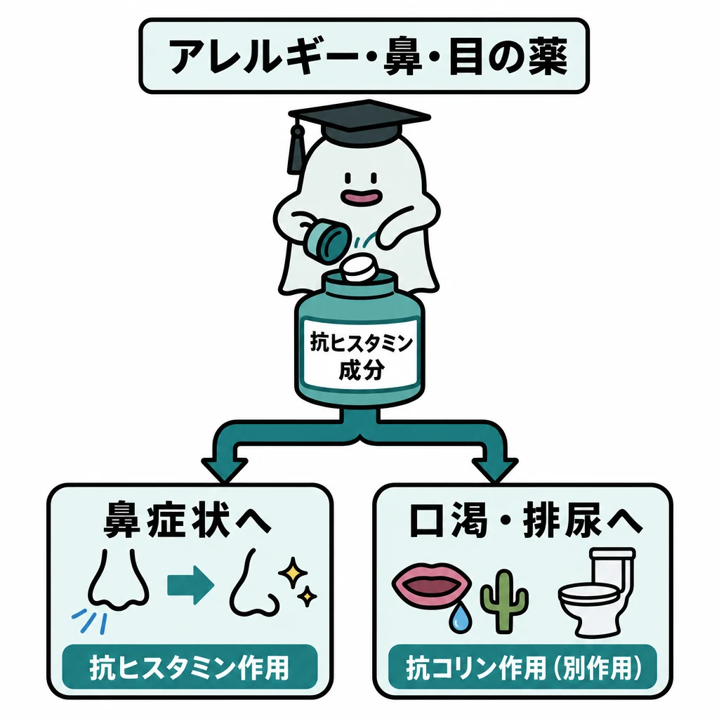 エルくんが説明する図解。鼻症状への抗ヒスタミン作用と口渇/排尿への別作用を分岐。